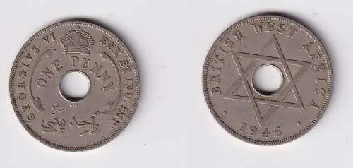 1 Penny Kupfer Nickel Münze Britisch Westafrika 1945 Lochmünze ss (169952)