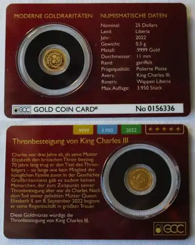 25 Dollars Liberia 2022 0,5 g Gold Münze Thronbesteigung King Charles (145432)