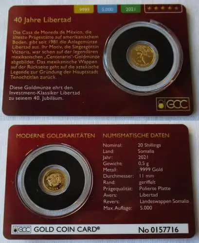 20 Shilings Somalia 2021 0,5 g Gold Münze 40 Jahre Libertad (141505)