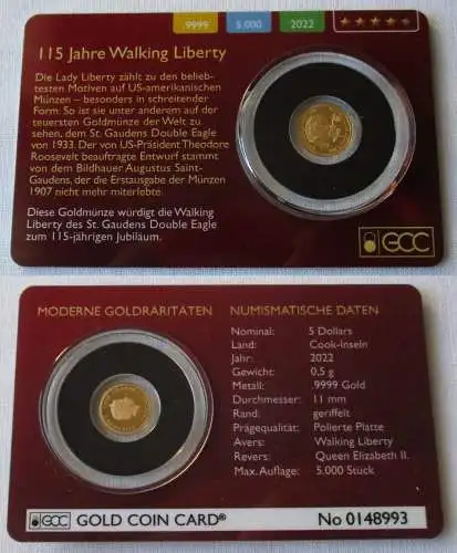 5 Dollars Cook Islands 2022 0,5 g Gold Münze 115 Jahre Walking Liberty (145347)