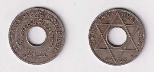 1/10 Penny Kupfer Nickel Münze Britisch Westafrika 1938 Lochmünze ss (169930)