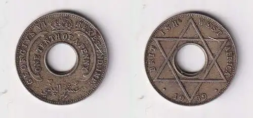 1/10 Penny Kupfer Nickel Münze Britisch Westafrika 1939 Lochmünze ss (169970)