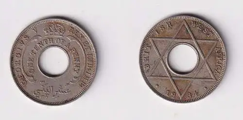 1/10 Penny Kupfer Nickel Münze Britisch Westafrika 1934 Lochmünze ss (169713)