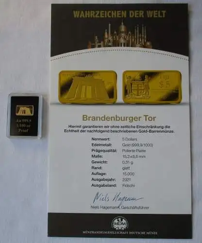 5 Dollar Fiji Fidschi Gold Münze 2021 Wahrzeichen Welt Brandenburger Tor /111082