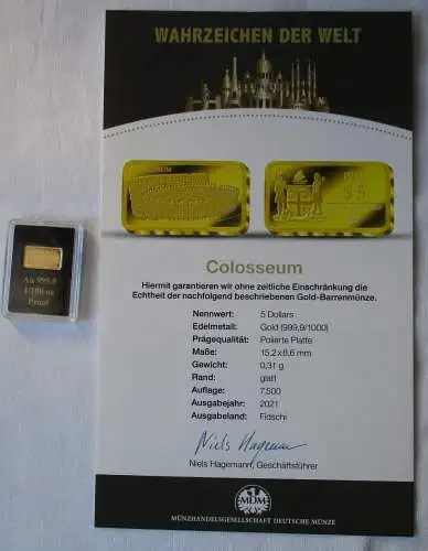 5 Dollar Fiji Fidschi Gold Münze 2021 Wahrzeichen der Welt Colosseum (110467)