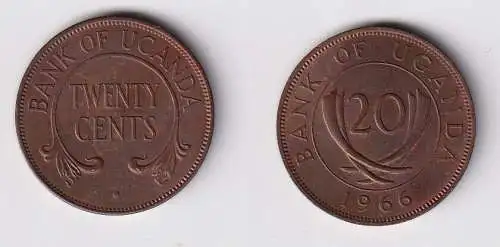 20 Cents Kupfer Münze Uganda 1966 vz/Stgl. (169727)