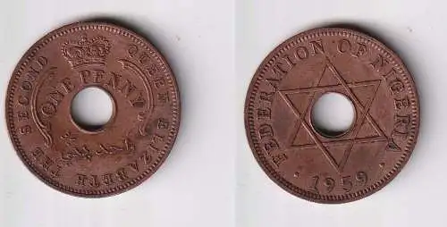 1 Penny Kupfer Münze Nigeria 1959 Lochmünze f.vz (169691)