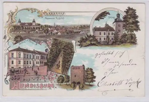 98168 Ak Lithographie Gruss aus Hundisburg Gasthof, Ruine, Schloß 1904