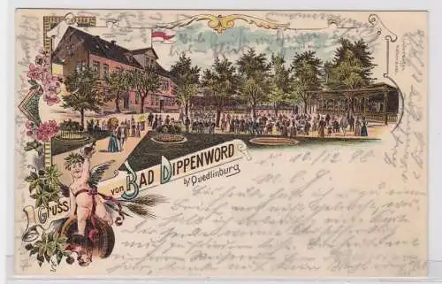 87932 AK Gruss von Bad Dippenword b. Quedlinburg - Garten Etablissement 1898