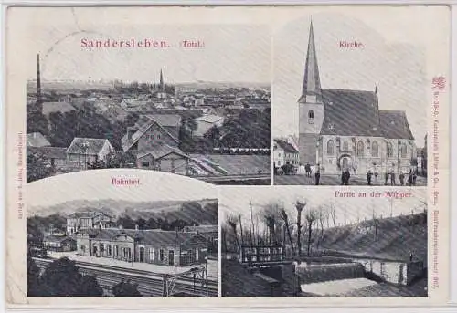 90207 Mehrbild AK Sandersleben - Kirche, Bahnhof & Partie an der Wipper 1907