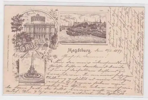 93926 Ak Litho Gruss aus Magdeburg Zoll-Elbe Stadttheater Hasselbachbrunnen 1897