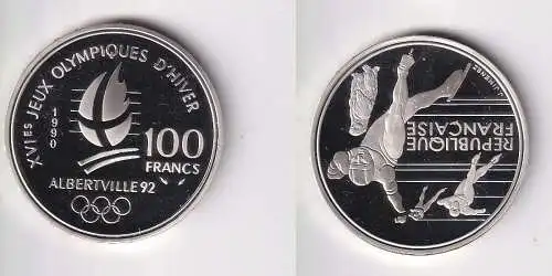 100 Francs Silbermünze Frankreich 1990 Olympia 1992 Albertville Eislauf (140806)