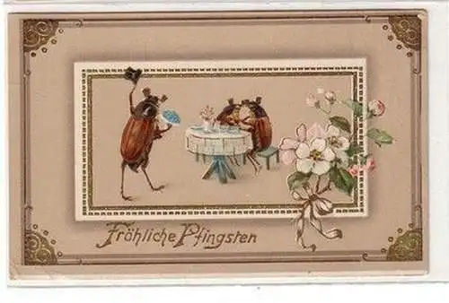 59870 Pfingst Ak Maikäfer bringt Blumen einem Maikäferpärchen um 1915