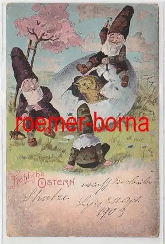 83263 Fröhliche Ostern Ak 3 Zwerge öffnen Ei mit Küken 1903