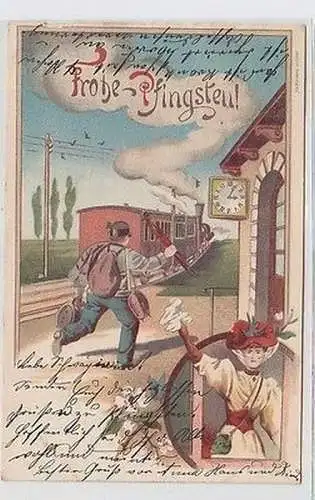 64120 Frohe Pfingsten Ak Lithographie Zug am Bahnhof 1902