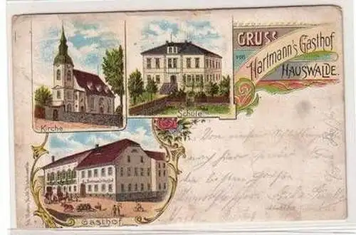 55599 Ak Lithographie Gruß von Hartmann´s Gasthof Hauswalde 1907