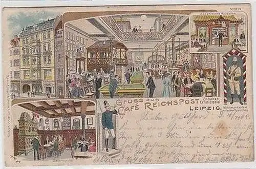 62715 Ak Lithographie Gruß aus dem Café Reichspost Leipzig 1905