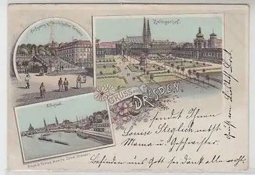 59402 Ak Lithographie Gruß aus Dresden Zwingerhof, Elbquai usw. 1899