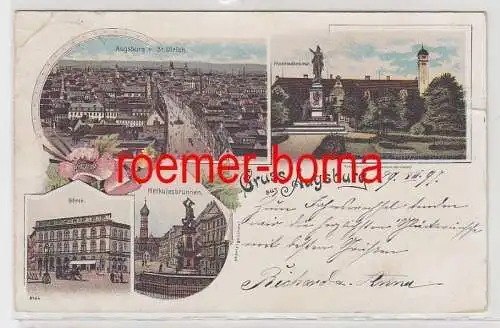 73957 Ak Lithografie Gruss aus Augsburg Börse, Herkulesbrunnen usw. 1897