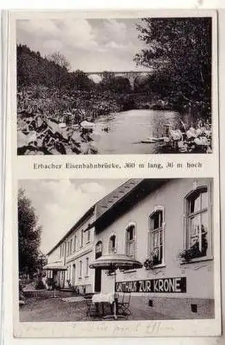 40193 Ak Erbacher Eisenbahnbrücke und Gasthaus zur Krone 1938