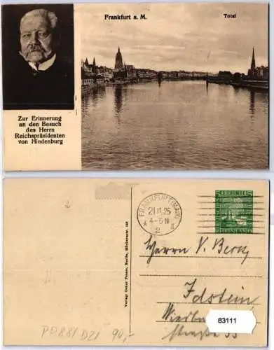 83111 DR Ganzsachen Postkarte PP88/ D2 Hindenburg in Frankfurt a.M. 1925