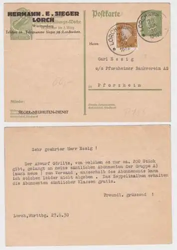 97008 DR Ganzsache Postkarte P186 Überdruck Hermann E. Sieger Lorch 1930