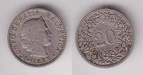 20 Rappen Nickel Münze Schweiz 1887 ss