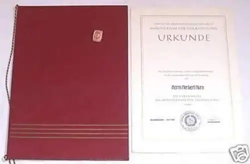 DDR Ehrennadel Ministerium für Volksbildung + Urkunde