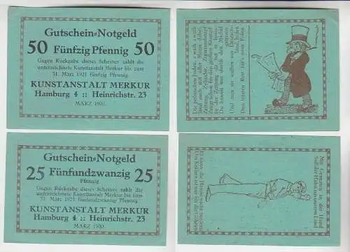 25 & 50 Pfennig Banknoten Notgeld Hamburg Kunstanstalt Merkur 1920 (115847)