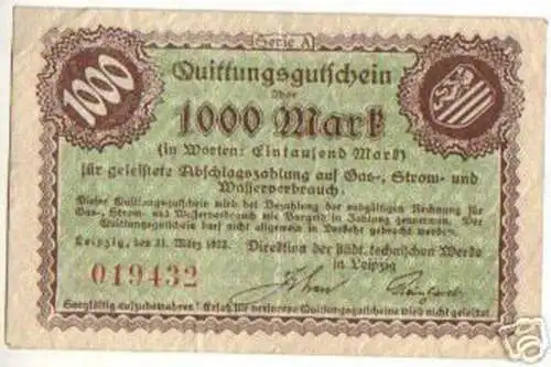 Banknote 1000 Mark Inflation Städt.Werke Leipzig 1923