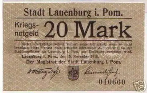 20 Mark Banknote Kriegsnotgeld Stadt Lauenburg in Pom.