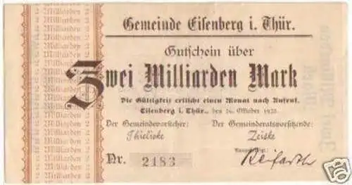 Banknote Inflation 2 Mrd. Mark Eisenberg 26.10.1923