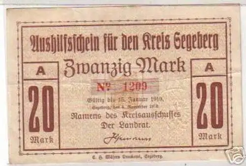 20 Mark Banknote Notgeld Kreis Segeberg 1918