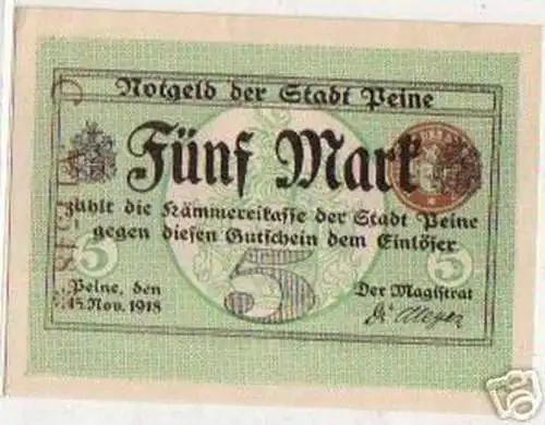 5 Mark Banknote Notgeld Stadt Peine 1918