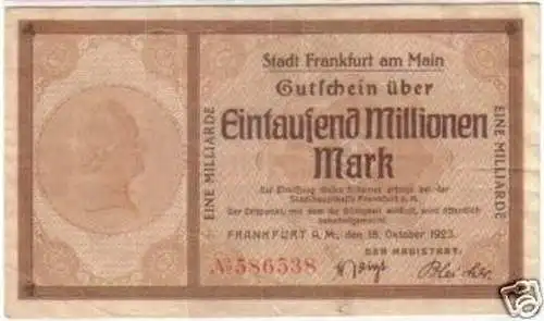 Banknote Inflation 1 Mrd. Mark Frankfurt a.M 18.10.1923