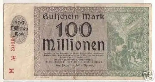 Banknote Inflation 100 Millionen Stadt Hamborn 1923