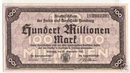 Banknote Inflation 100Millionen Stadt Hamburg 1923