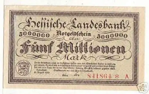 Banknote Inflation 5 Millionen Darmstadt 22.08.1923