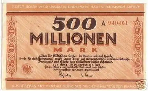 Banknote Inflation 500 Millionen Stadt Dortmund 1923