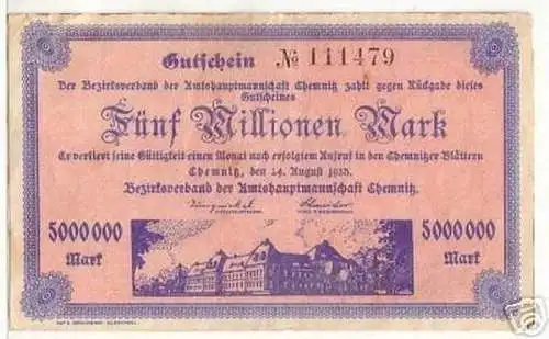 Rare Banknote Inflation 5 Millionen Mark Chemnitz 1923