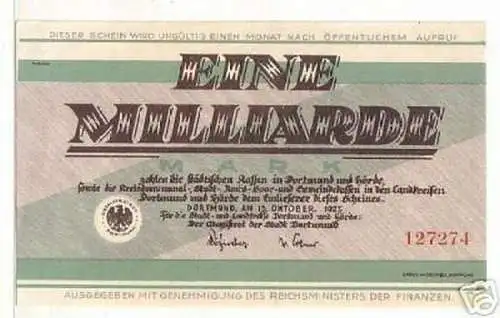 Banknote Inflation 1 Milliarde Stadt Dortmund 1923