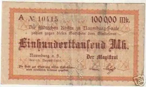 100000 Mark Banknote Naumburg Saale 1923