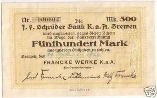 Banknote Inflation 500 Mark Bremen Francke Werke 1922