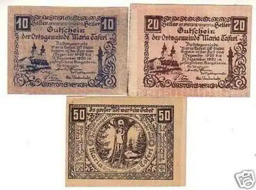 3 Banknoten Notgeld der Ortsgemeinde Maria Taferl 1920