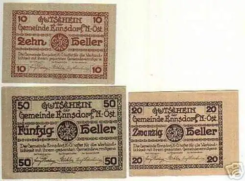 3 Banknoten Notgeld GemeindeEnnsdorf 1920