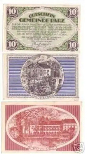 3 Banknoten Notgeld Gemeinde Parz um 1920