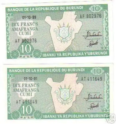 2 Banknoten Republik Burundi Afrika 1989-1991 in TOP