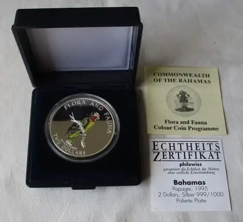 2 Dollar Silber Münze Bahamas 1995 Flora und Fauna Papagei PP (163116)