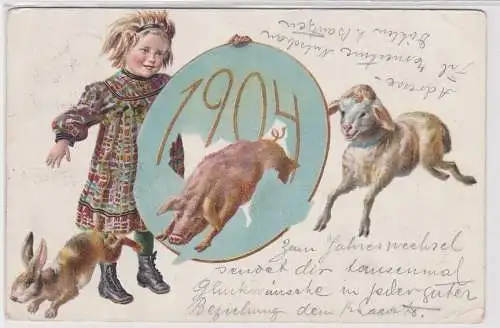 907940 Ak Neujahr 1904 - Kind mit Reifen und Hase, Schwein, Lamm