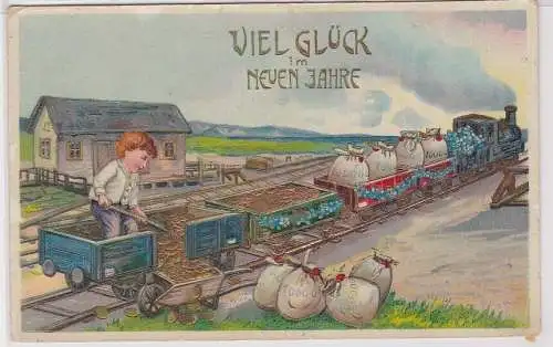 902106 Ak Viel Glück im neuen Jahr - Kind schaufelt Münzen aus Lokomotive 1912